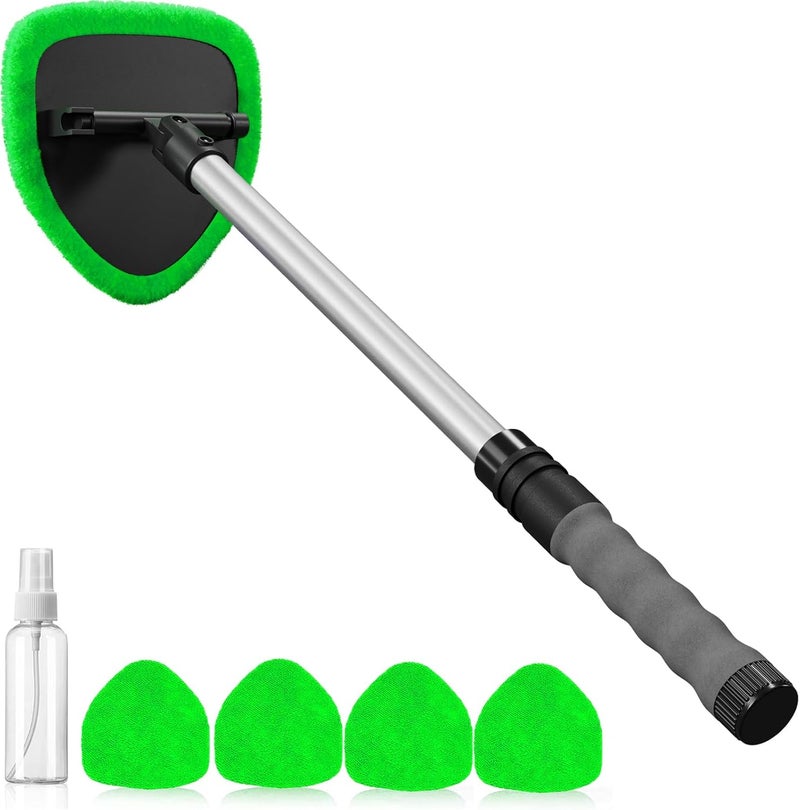 desin Windshield Cleaning Tool, Car Window Cleaner Windshield Cleaner with 4 Reusable and Washable Microfiber Pads and Extendable Handle Auto Inside Glass Wiper Kit (Green) - Image 1